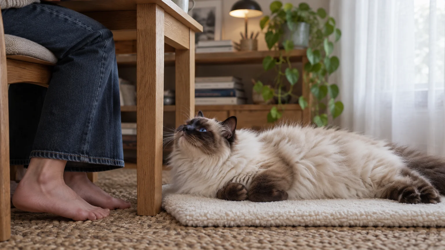 Fluffy seal point Ragdoll cat lying on a white mat beneath a wooden desk, looking up at a person sitting nearby.
