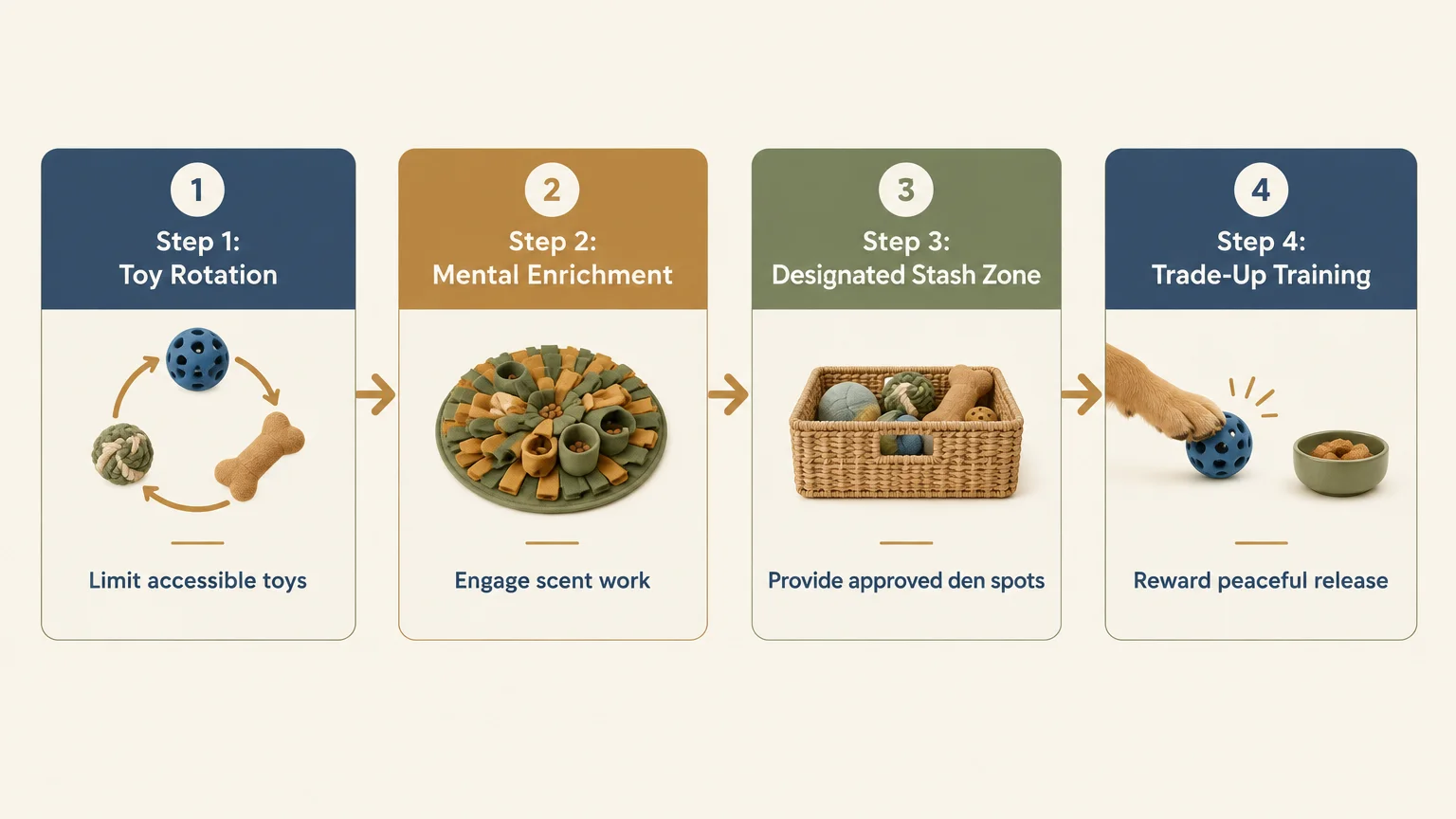 Four-step diagram showing toy rotation, mental enrichment, a designated stash zone, and trade-up training.