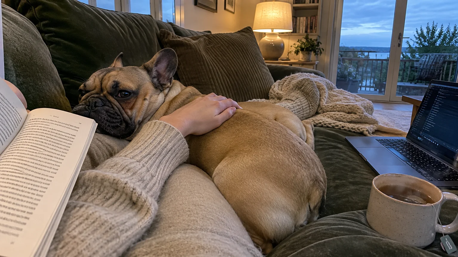 French bulldog snuggling against a person reading a book on a green sofa next to a laptop and hot mug.