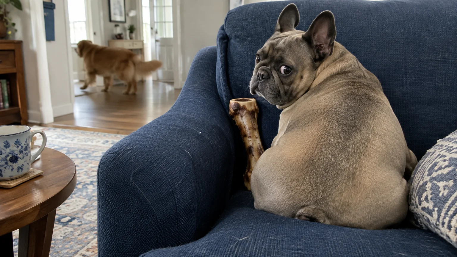 A French bulldog sits on a blue armchair beside a large marrow bone, glancing back as a golden retriever walks behind it.