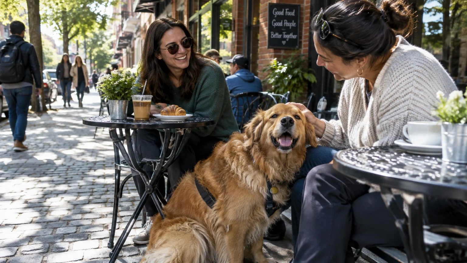 A golden dog sits contentedly beside two smiling women seated at outdoor cafe tables along a cobblestone sidewalk.