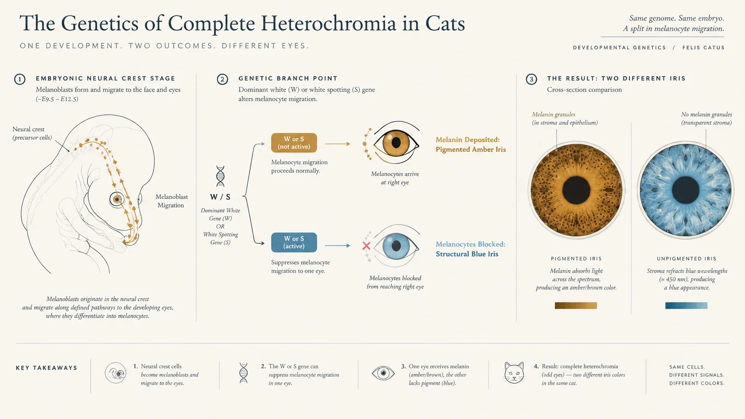 Diagram of feline embryonic development showing melanocyte migration blocked in one eye, resulting in amber and blue irises.