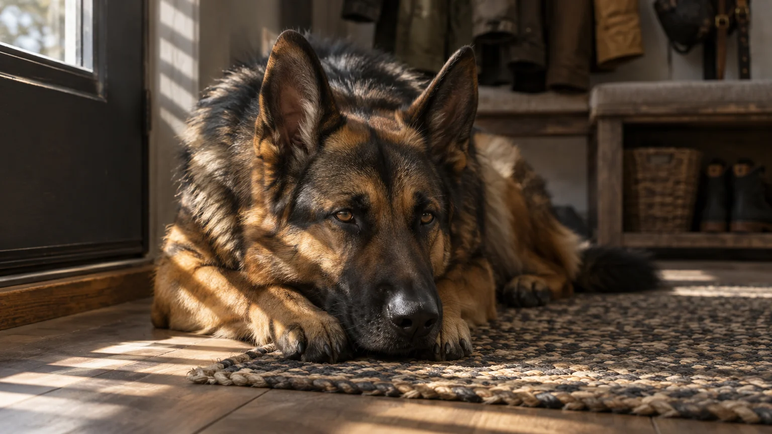 A German shepherd rests on a woven rug near a doorway with head resting on front paws and eyes open.