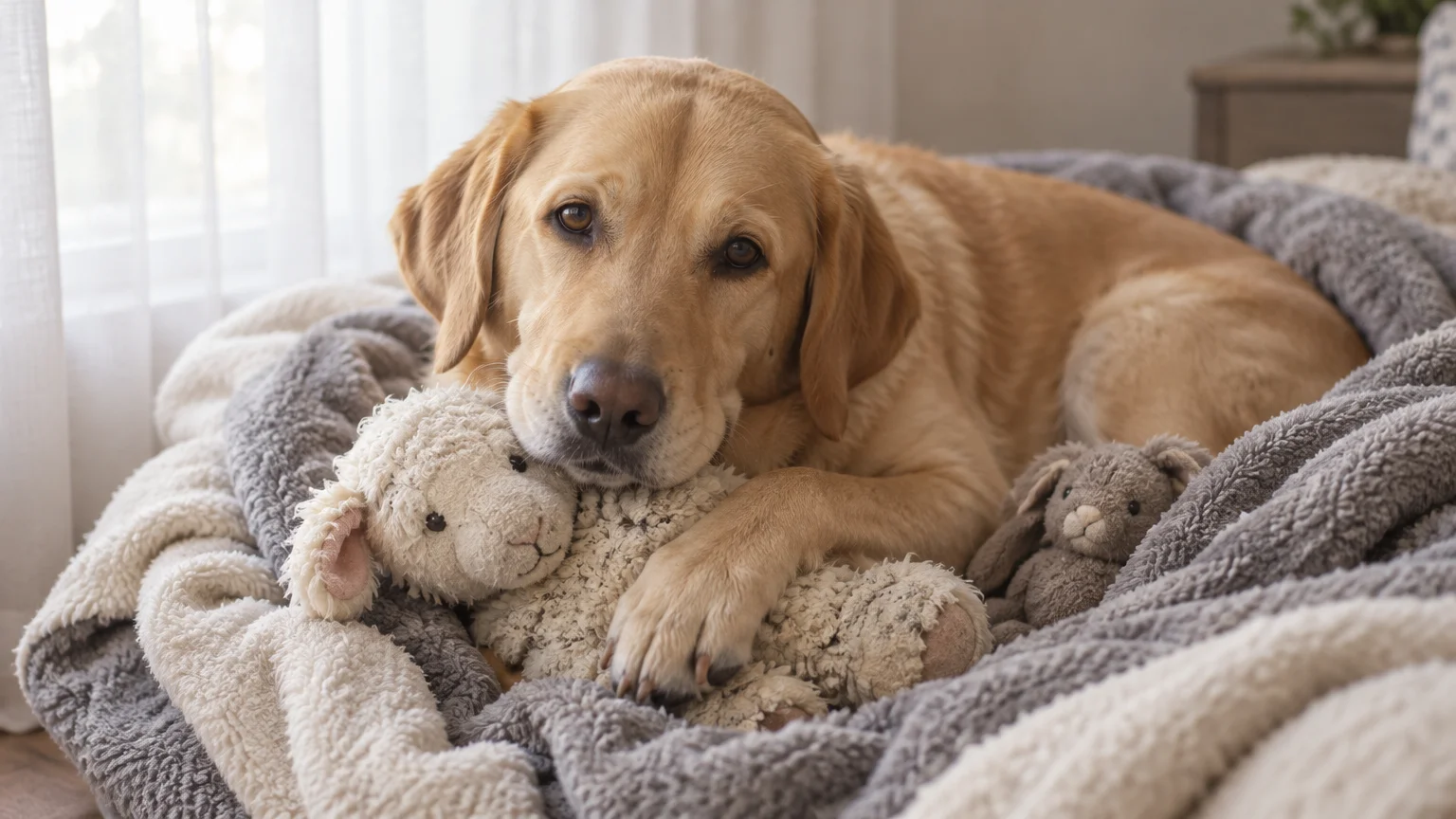 A golden retriever lies nestled in a plush fleece blanket, resting its chin over a stuffed sheep and a small toy rabbit.