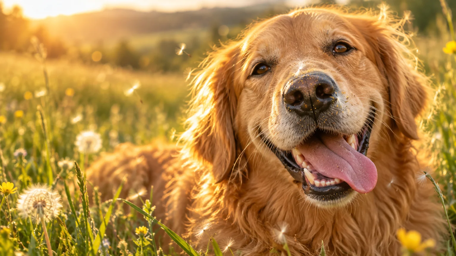 Golden retriever lying in a sunlit grassy field with dandelions, smiling with mouth open and tongue out.