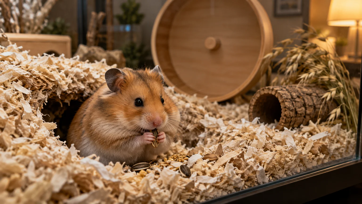 Syrian hamster eating seeds on wood shavings in an enclosure with a wooden exercise wheel and bark tunnel.