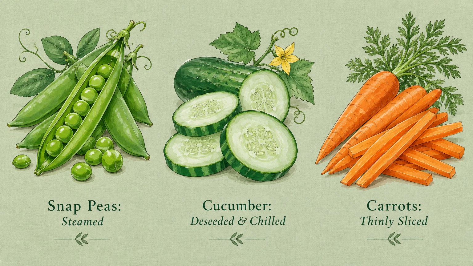 Botanical illustrations of snap peas, sliced cucumbers, and cut carrot sticks with preparation labels below each vegetable.