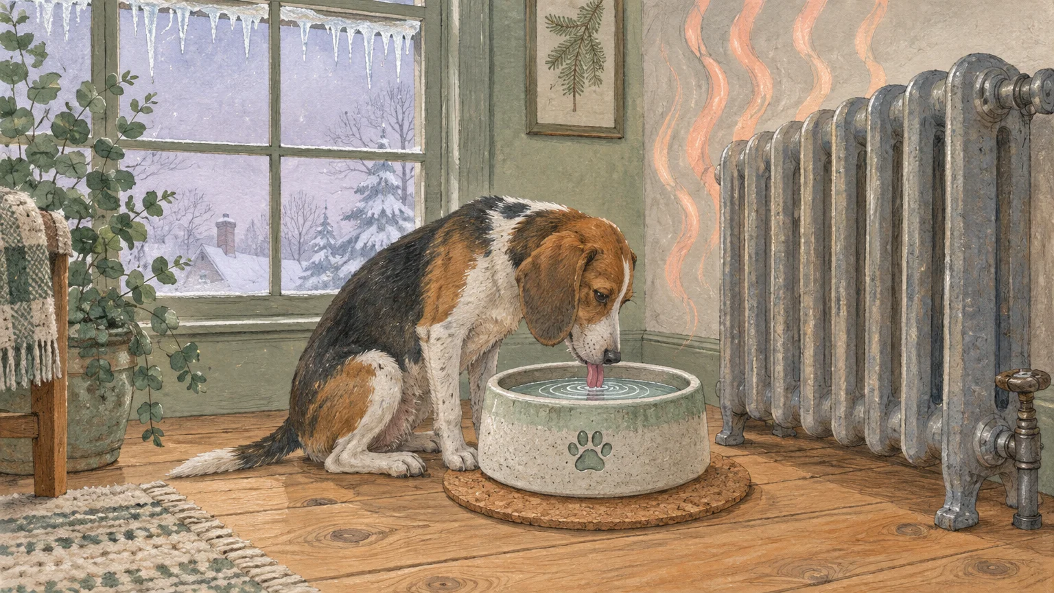 Illustration of a beagle drinking water from a ceramic bowl on a wooden floor beside a warm radiator in winter.