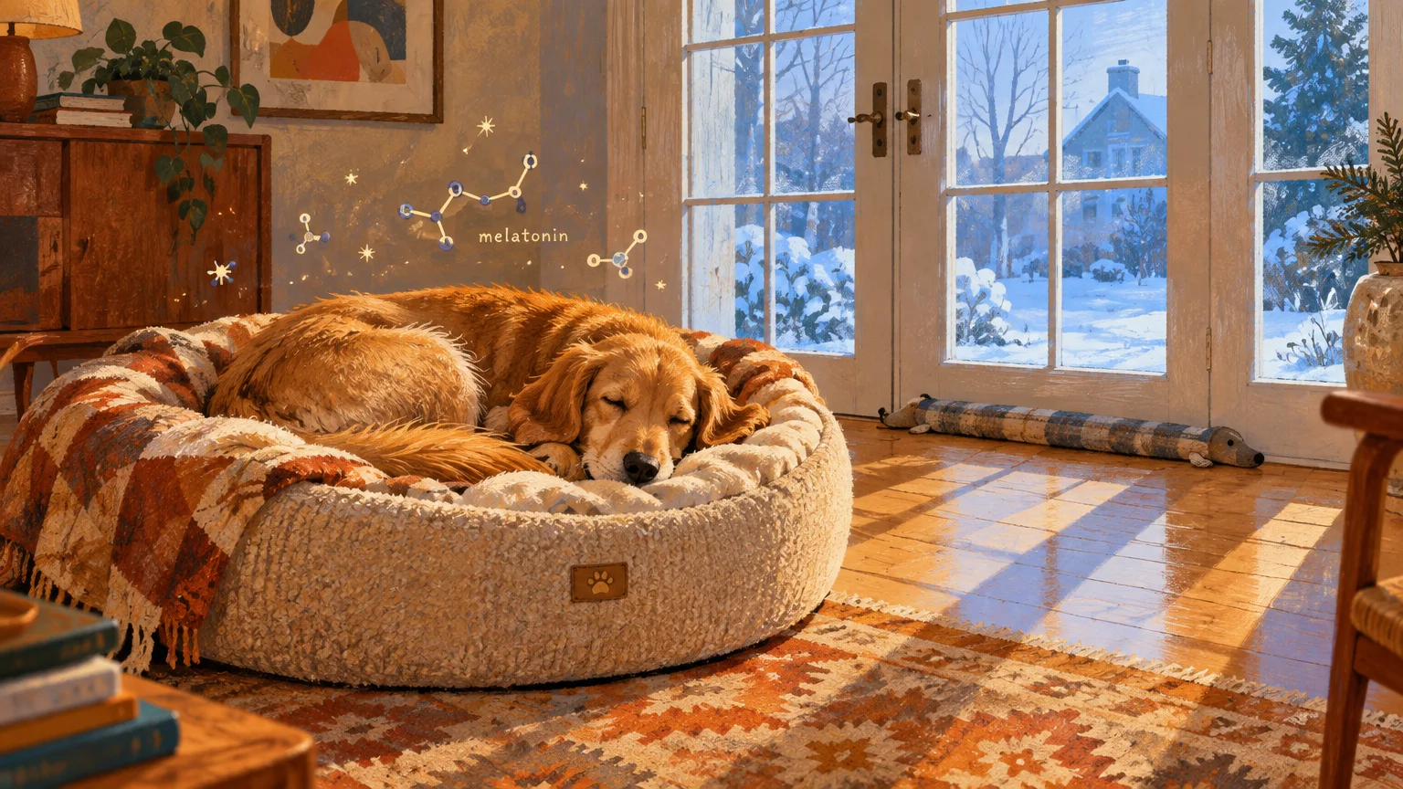Golden retriever sleeping curled up in a plush round dog bed by sunlit glass doors overlooking a snowy yard.
