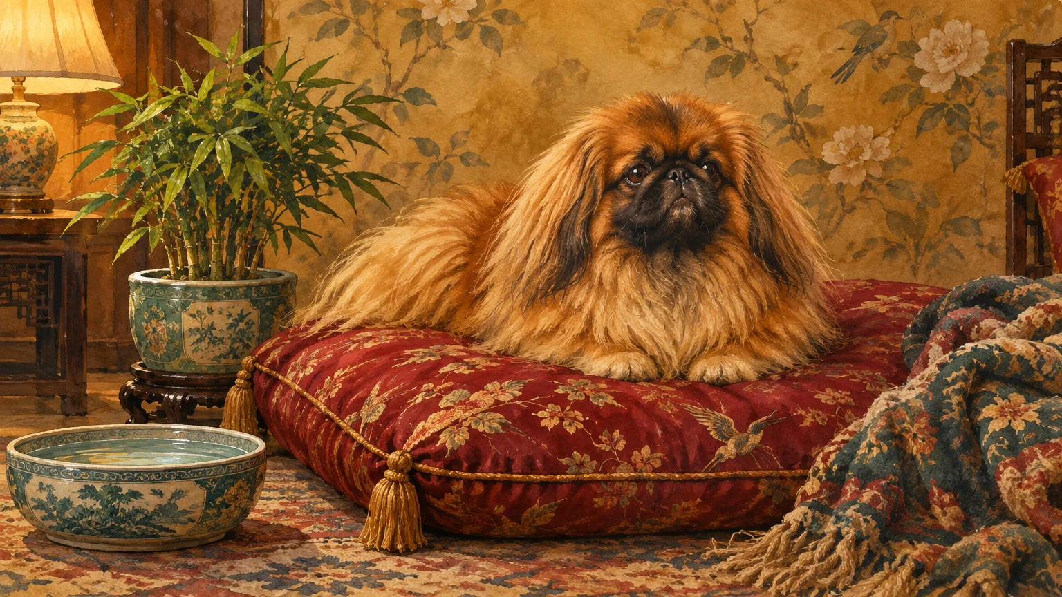 Illustration of a fluffy Pekingese dog resting on an ornate red cushion indoors next to a potted plant and water bowl.