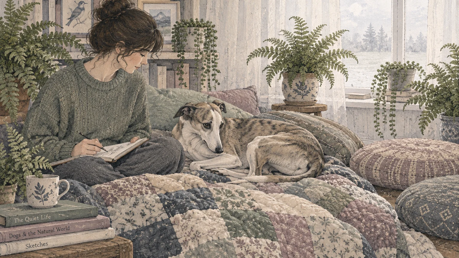 Illustration of a woman sketching in a cozy plant-filled room beside a resting sighthound on a patchwork quilt.