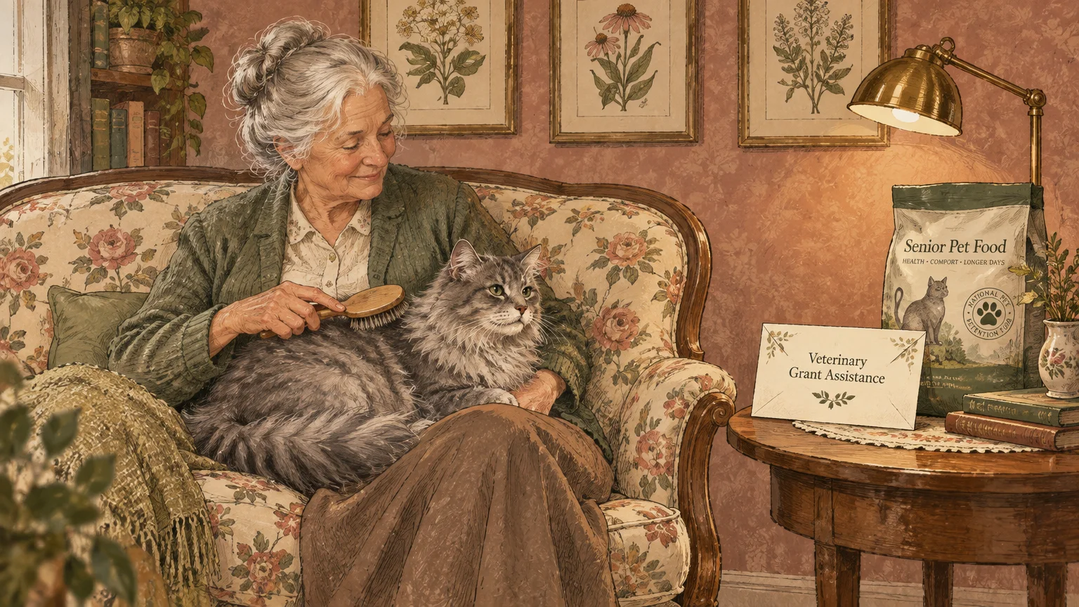 Illustration of an older woman brushing a cat on a couch beside a table with senior pet food and a grant letter.