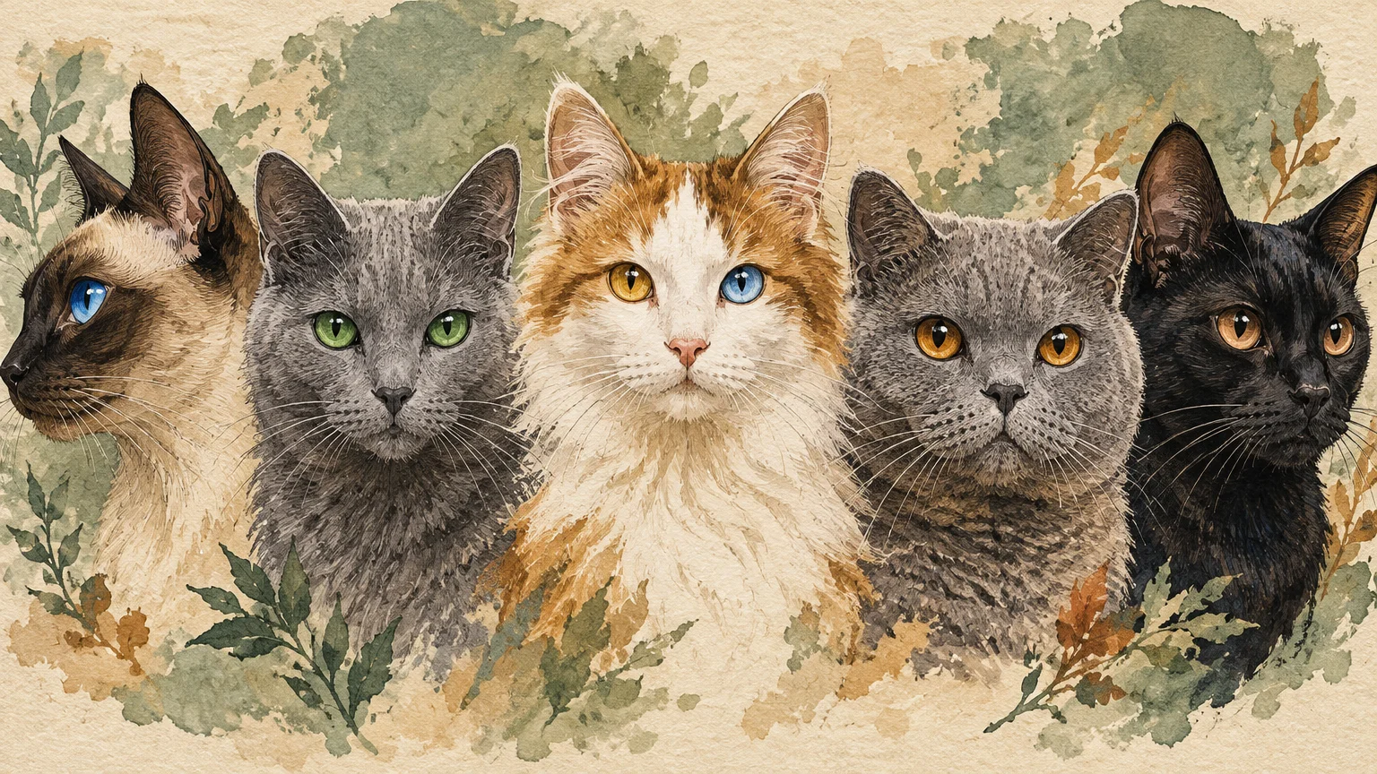 Watercolor illustration of five cats in a row, each displaying different eye colors including blue, green, and amber.