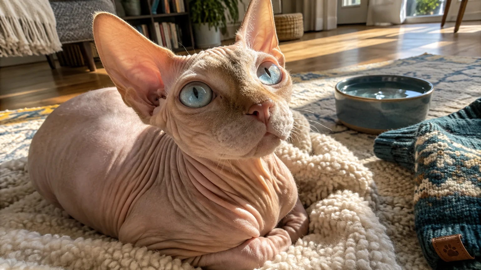 A hairless Sphynx cat with light blue eyes rests on a fluffy white blanket on a sunlit floor next to a water bowl.