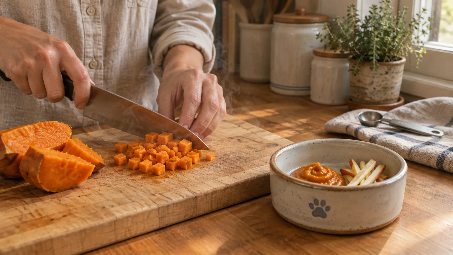 Hands slicing cooked sweet potato into small cubes on a wooden cutting board next to a ceramic pet bowl.