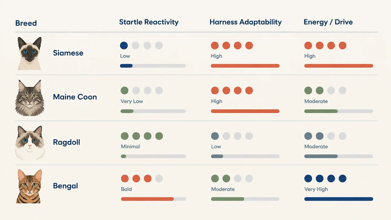 Chart rating Siamese, Maine Coon, Ragdoll, and Bengal cats on startle reactivity, harness adaptability, and energy drive.