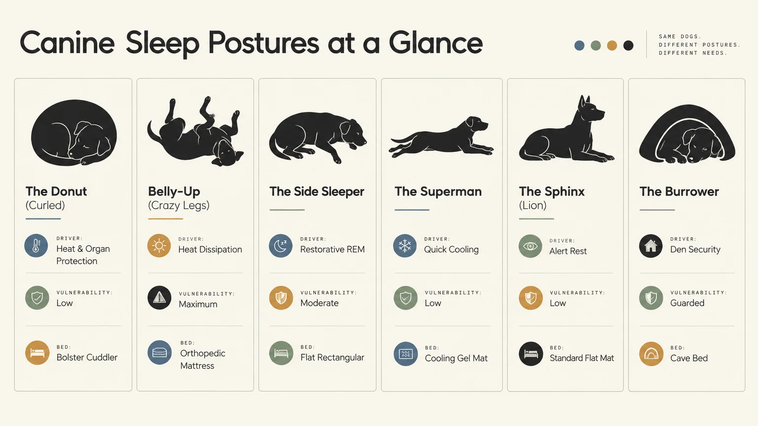 Infographic showing six canine sleeping postures with silhouettes, drivers, vulnerability levels, and recommended beds.