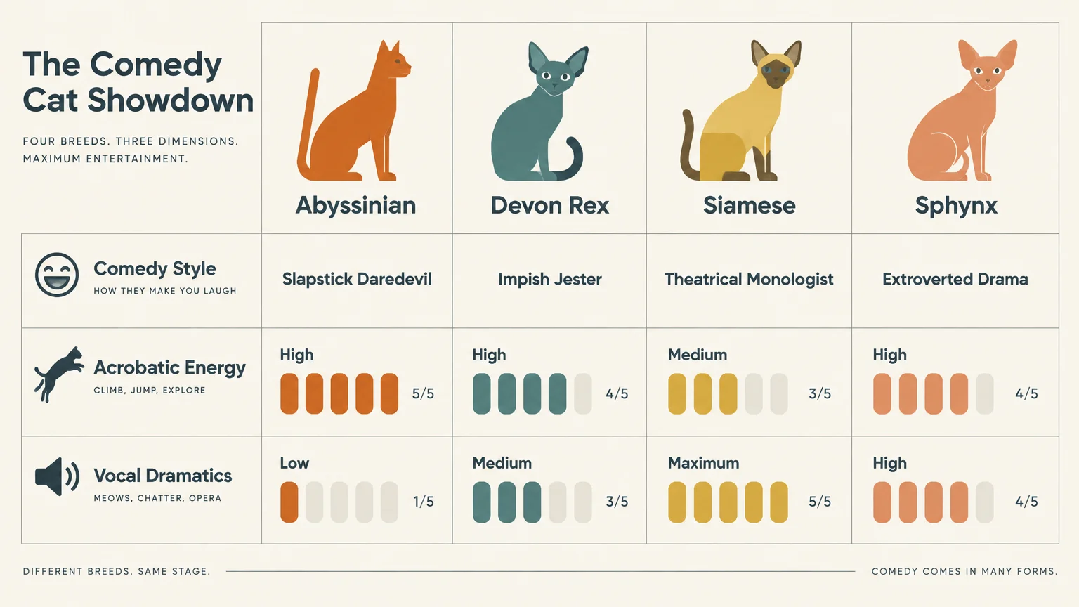 Infographic titled The Comedy Cat Showdown rating Abyssinian, Devon Rex, Siamese, and Sphynx cats across comedy dimensions.