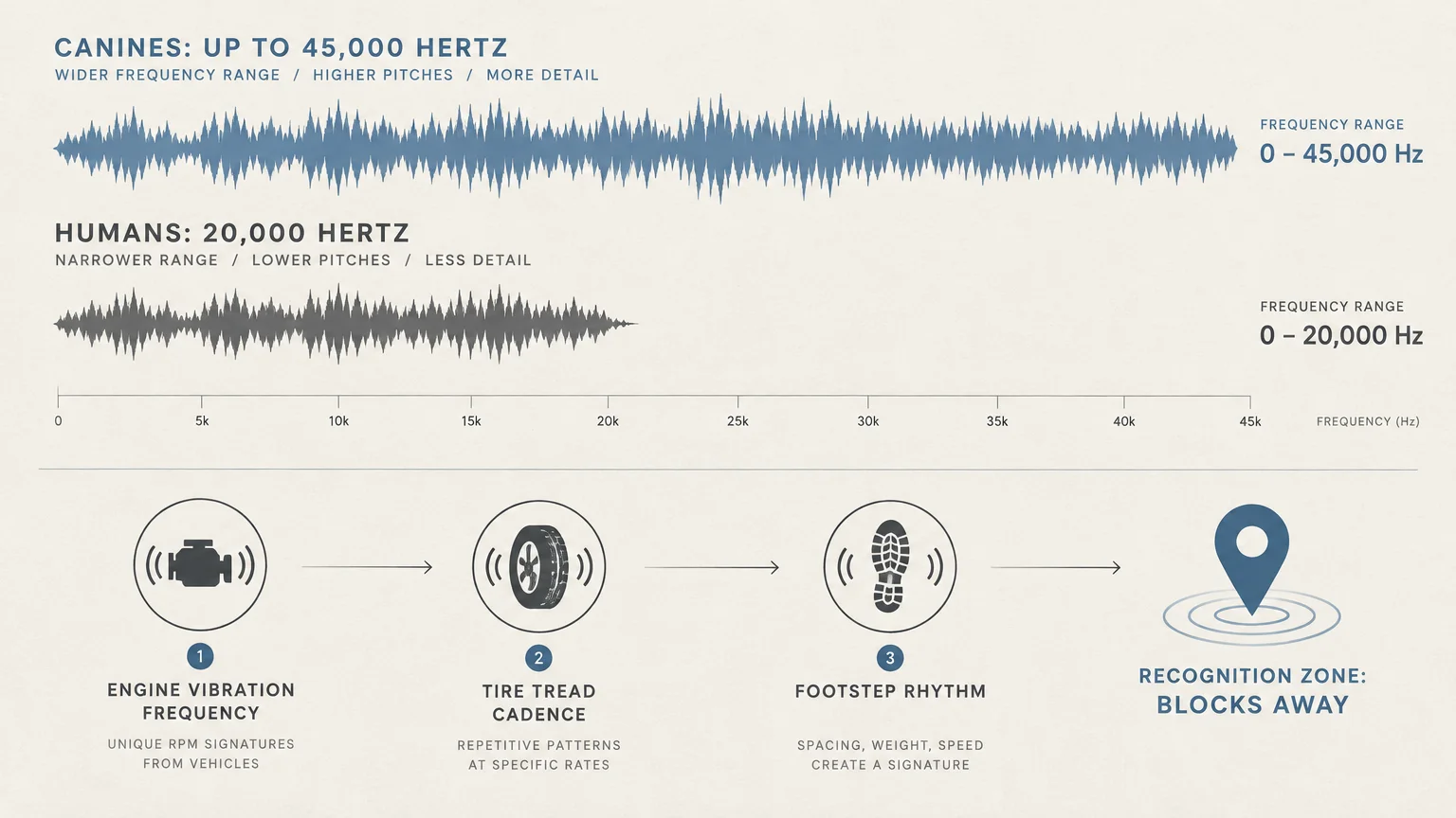Diagram comparing canine and human frequency ranges above icons for engine vibration, tire tread cadence, and footsteps.