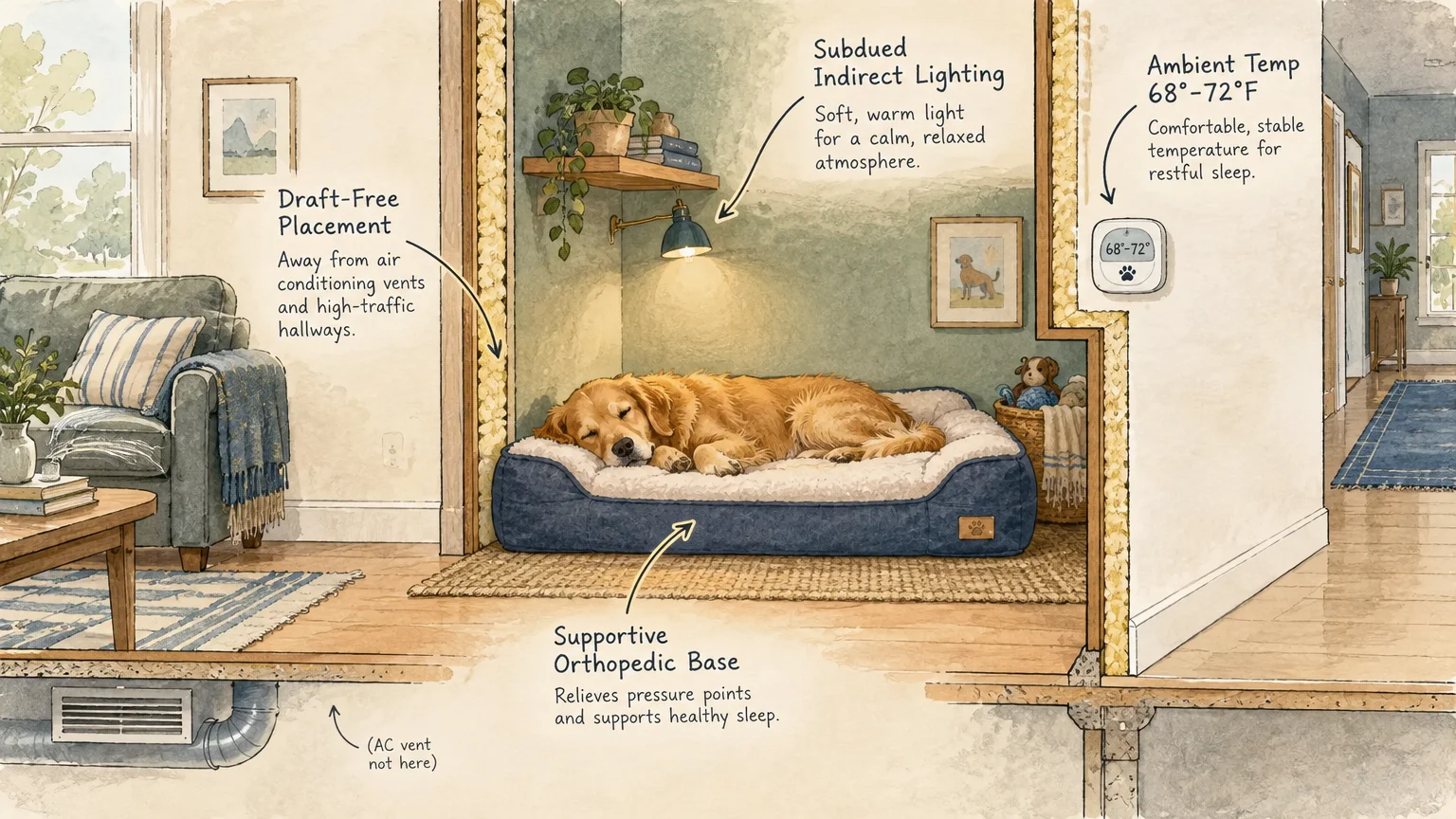 Illustration of a dog sleeping in a cozy alcove bed with diagram callouts for lighting, drafts, and temperature.