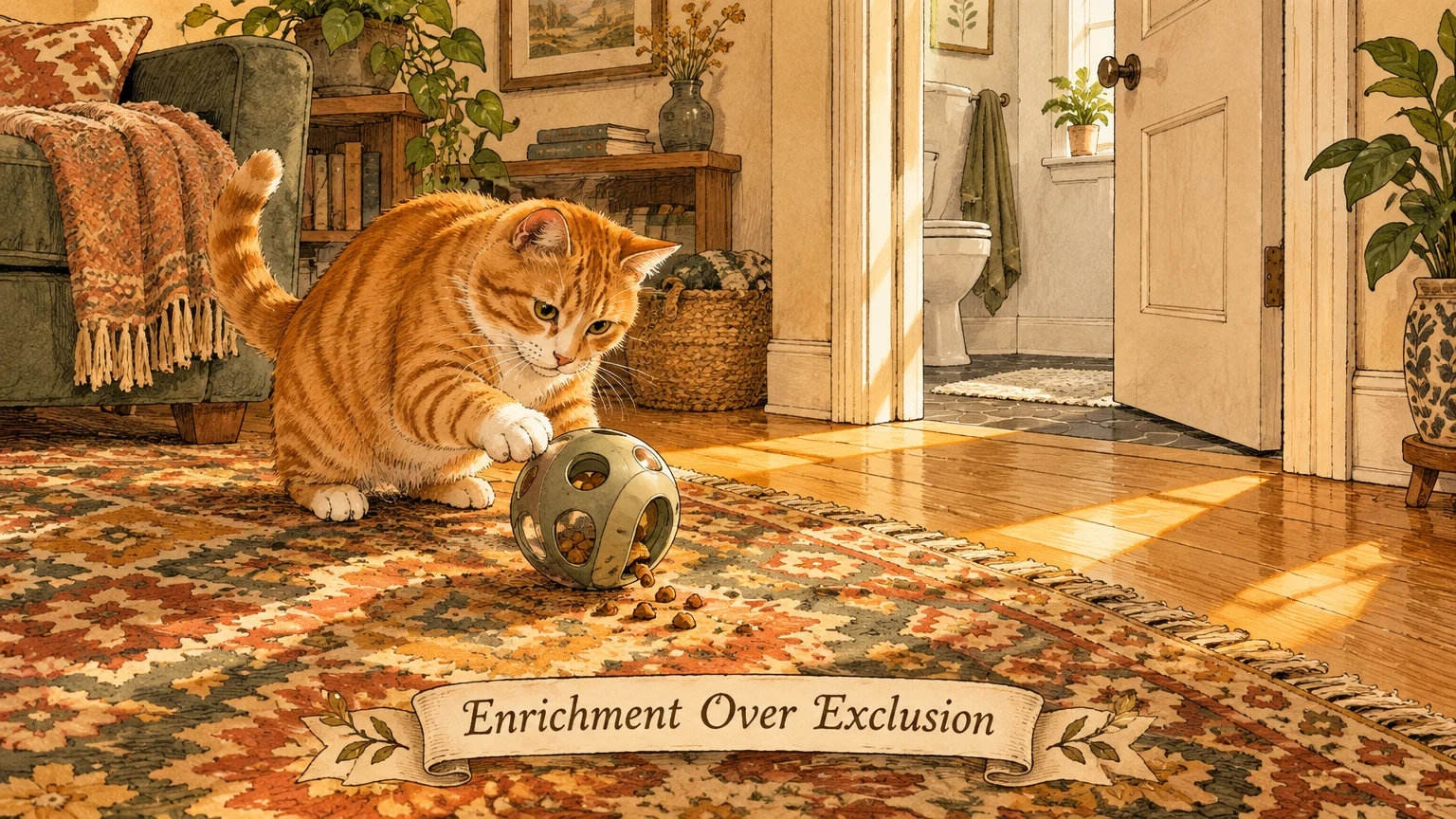 Illustration of an orange tabby cat playing with a treat-dispensing ball toy on a rug near an open bathroom door.
