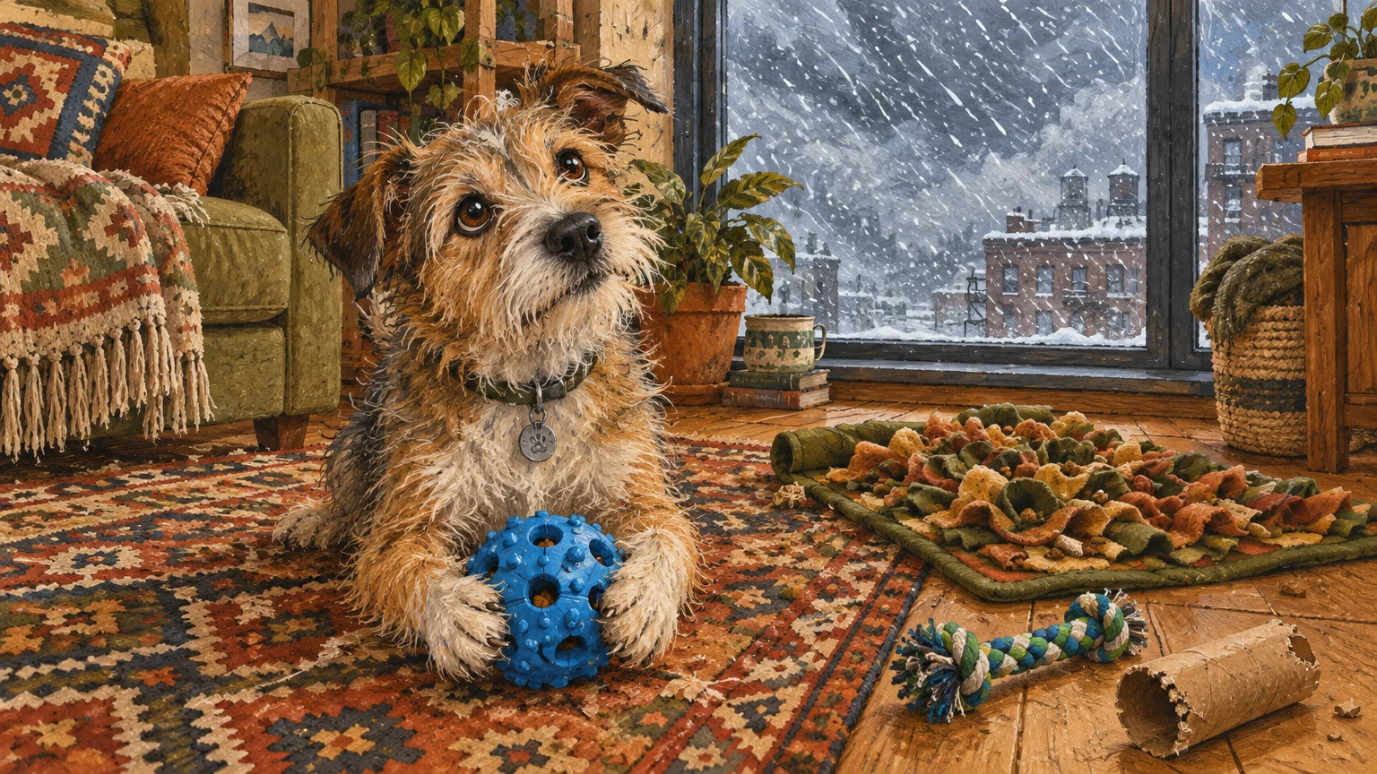 A scruffy dog lies on an indoor rug holding a blue puzzle ball toy beside a snuffle mat as snow falls outside a window.