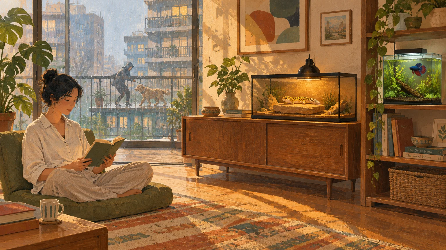 Woman reading in a sunlit living room near a gecko terrarium and fish tank, while someone walks a dog in the rain outside.