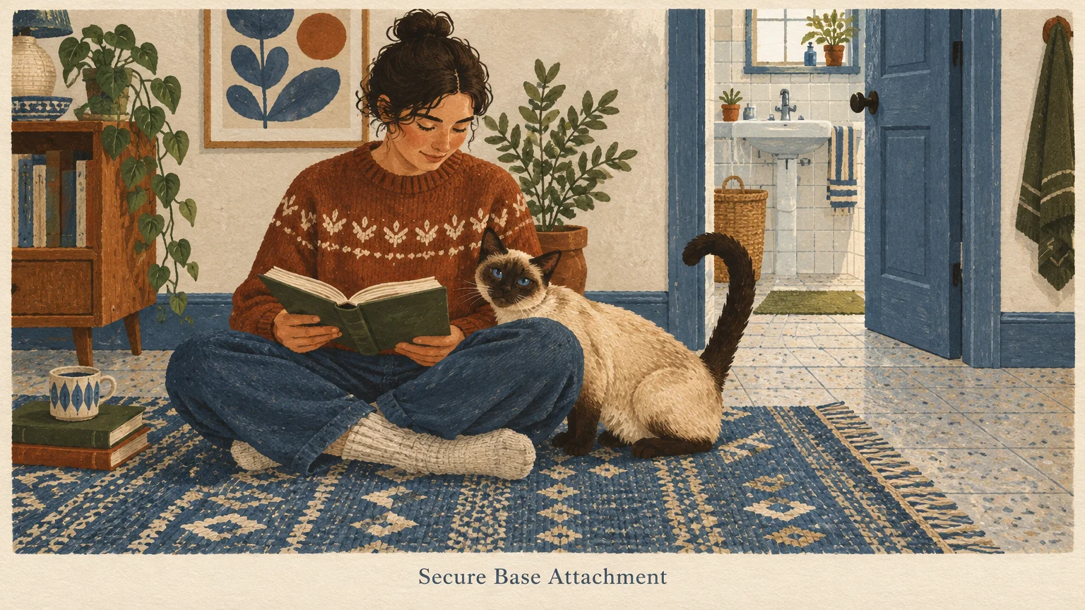 Illustration of a woman reading a book on a blue rug while sitting beside a Siamese cat outside an open bathroom door.