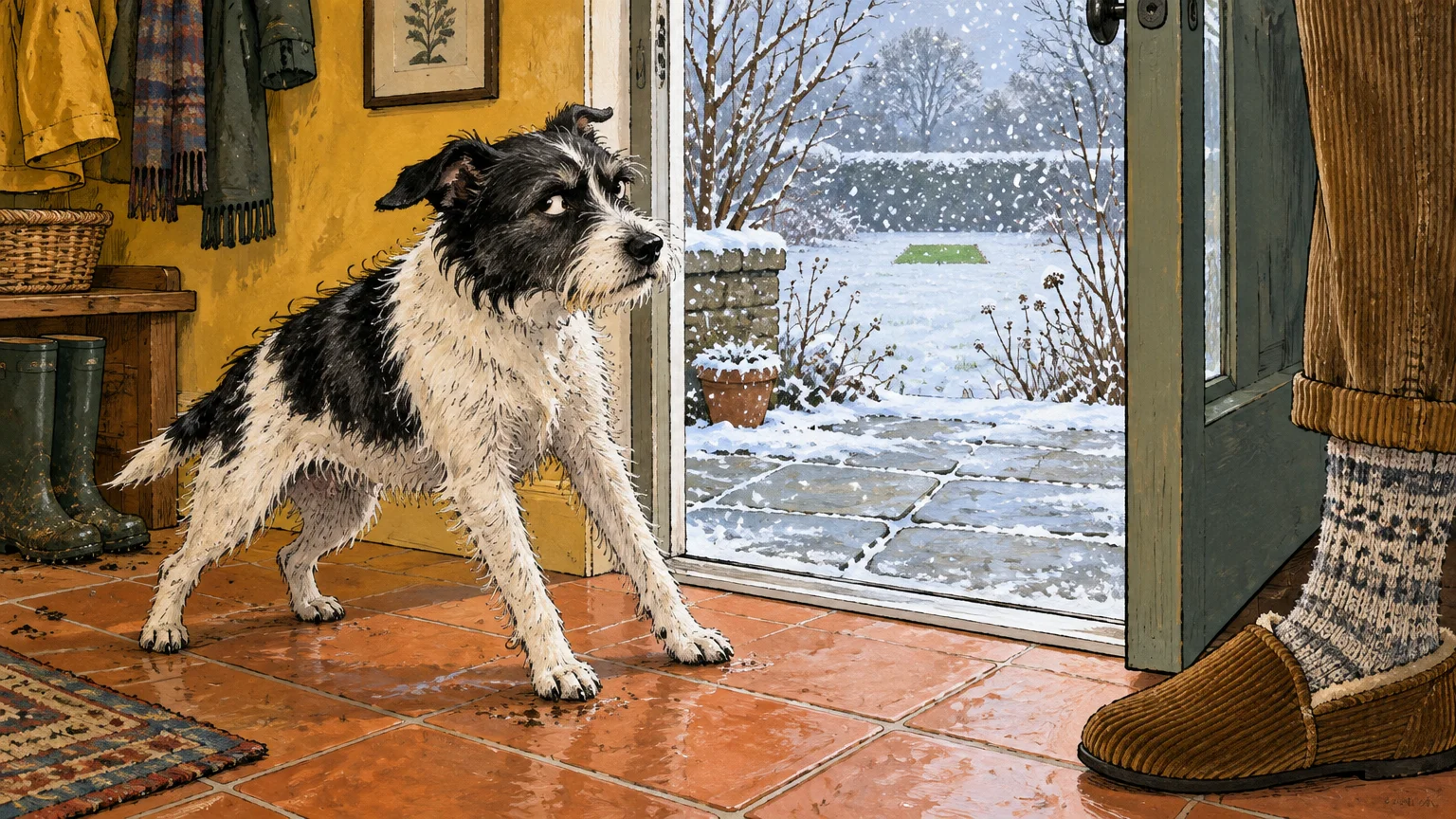 Scruffy black-and-white dog bracing its legs indoors, refusing to step outside an open back door into falling snow.