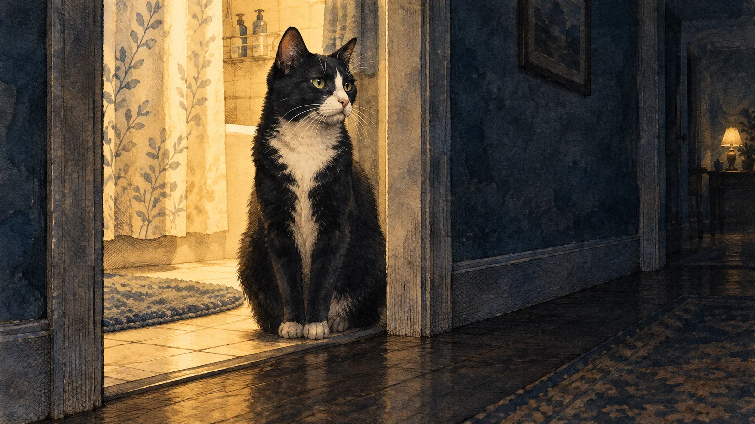 Illustration of a black and white tuxedo cat sitting alert in a bathroom doorway facing a dimly lit hallway.
