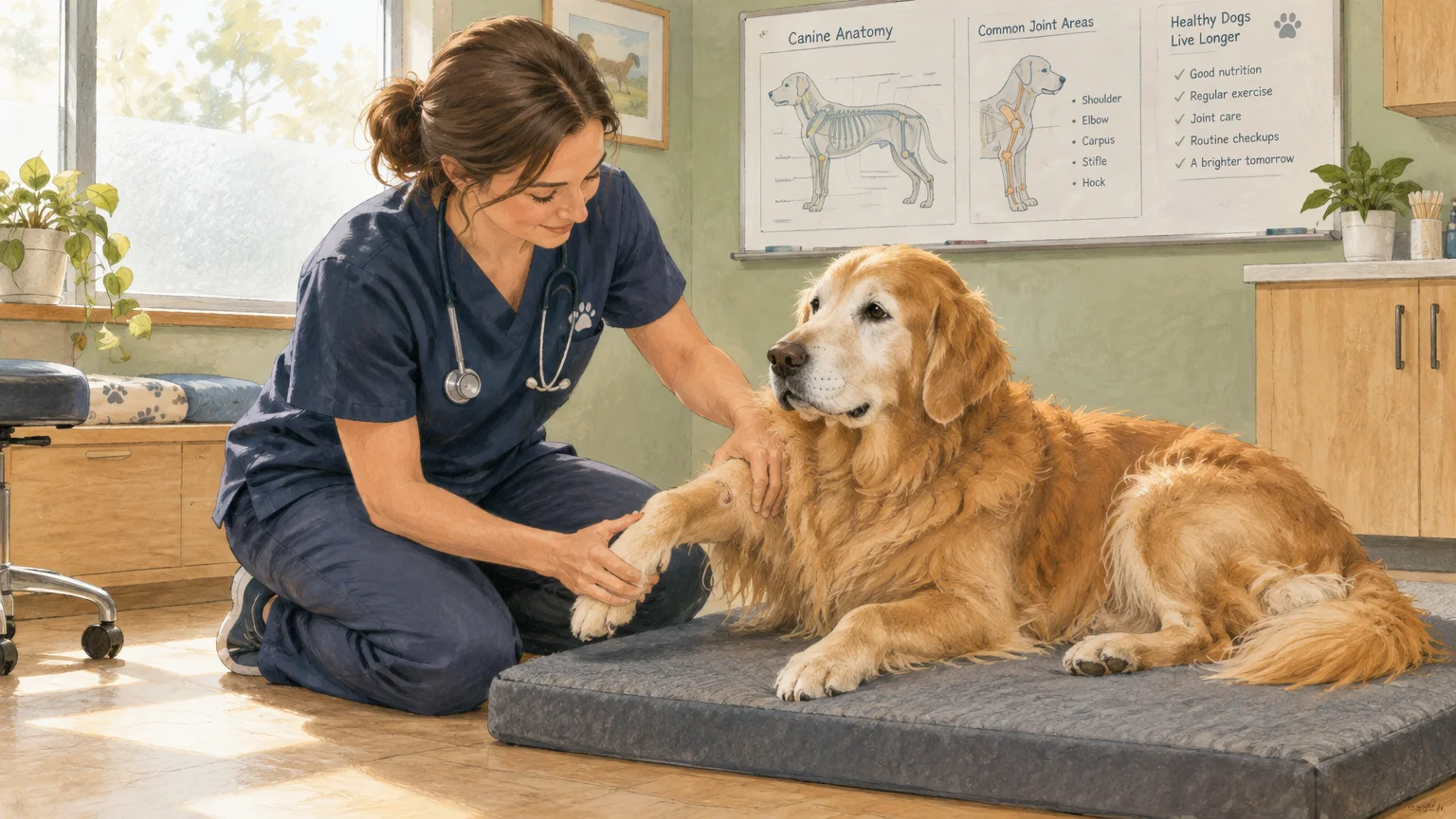 Illustration of a female veterinarian in blue scrubs examining the front leg of a senior golden retriever lying on a dog bed.