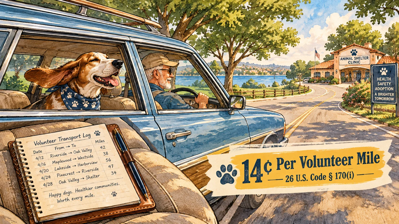 Illustration of a man driving a dog in a station wagon toward an animal shelter clinic beside a mileage logbook.