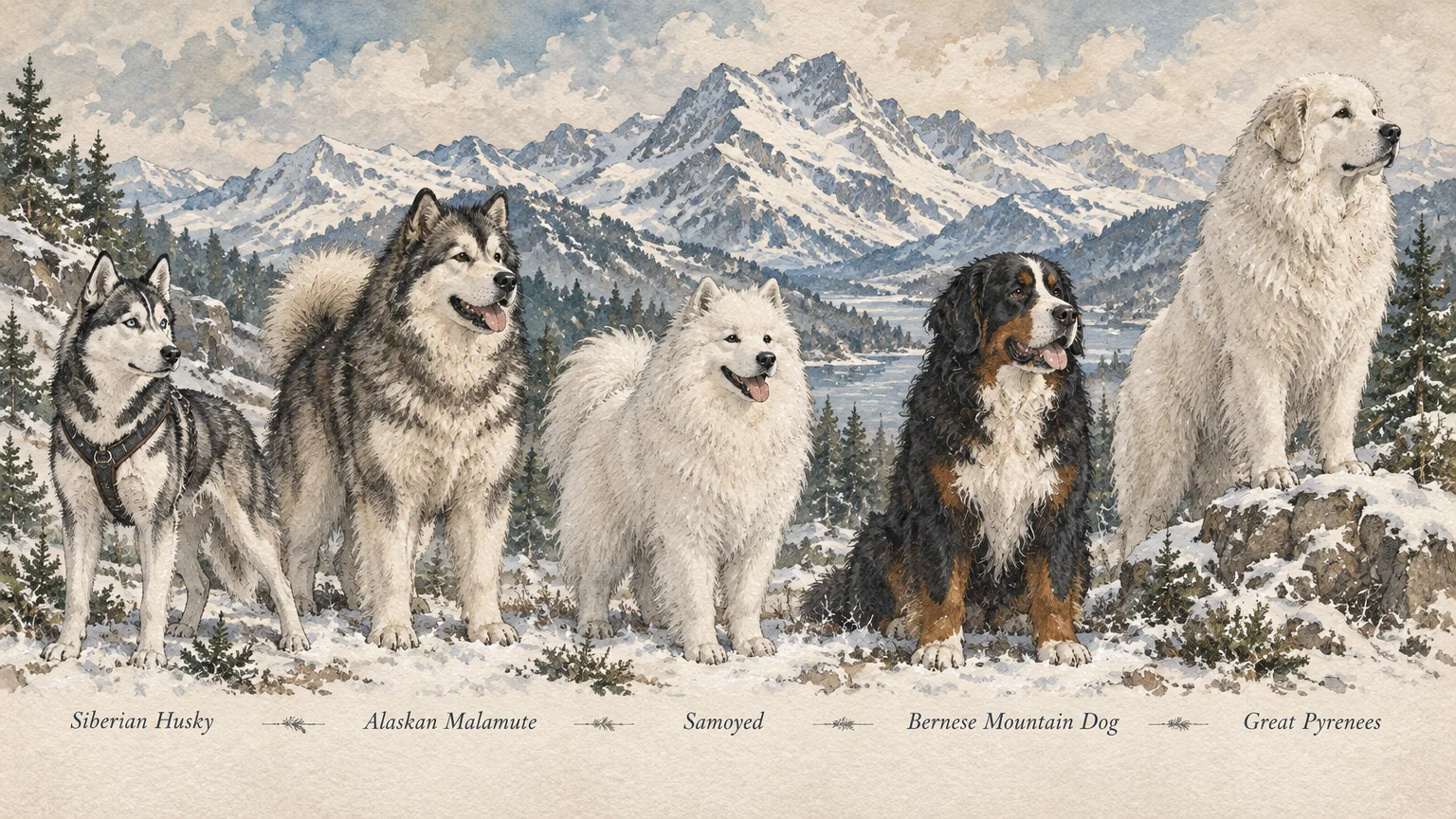 Five cold-weather dog breeds stand in a snowy landscape with rugged mountains in the background.
