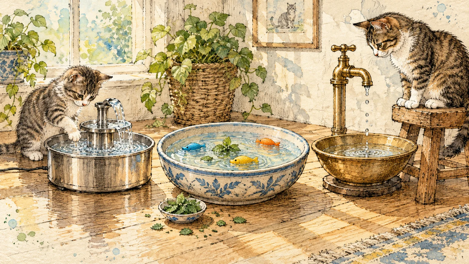 Two tabby cats examine a stainless steel pet fountain, a ceramic bowl with toy fish, and a dripping brass tap.