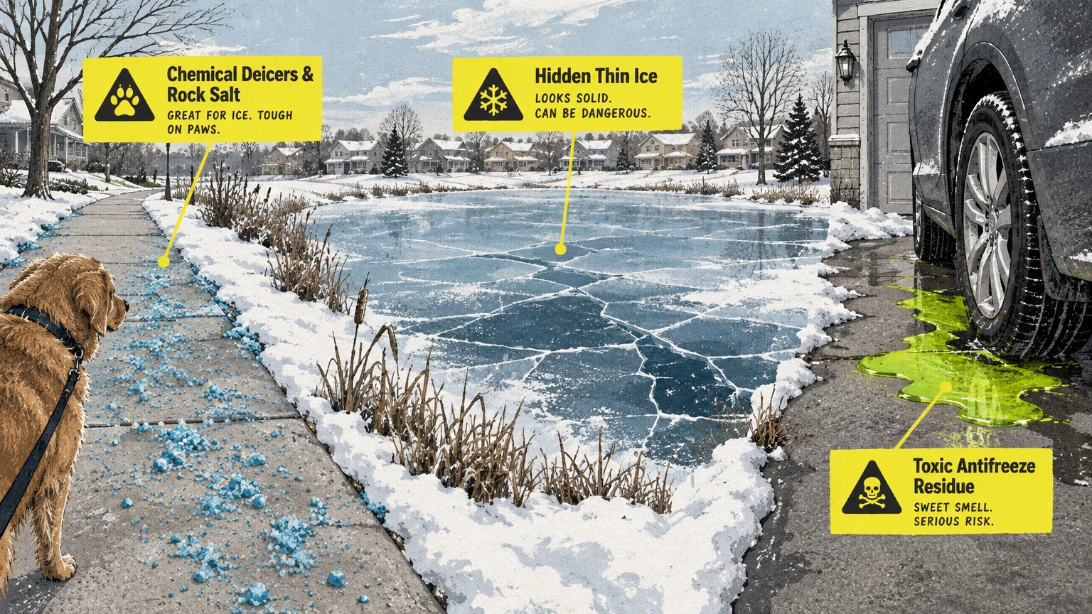 Illustration showing winter hazards for dogs: rock salt on a sidewalk, cracked thin ice, and green antifreeze near a car.
