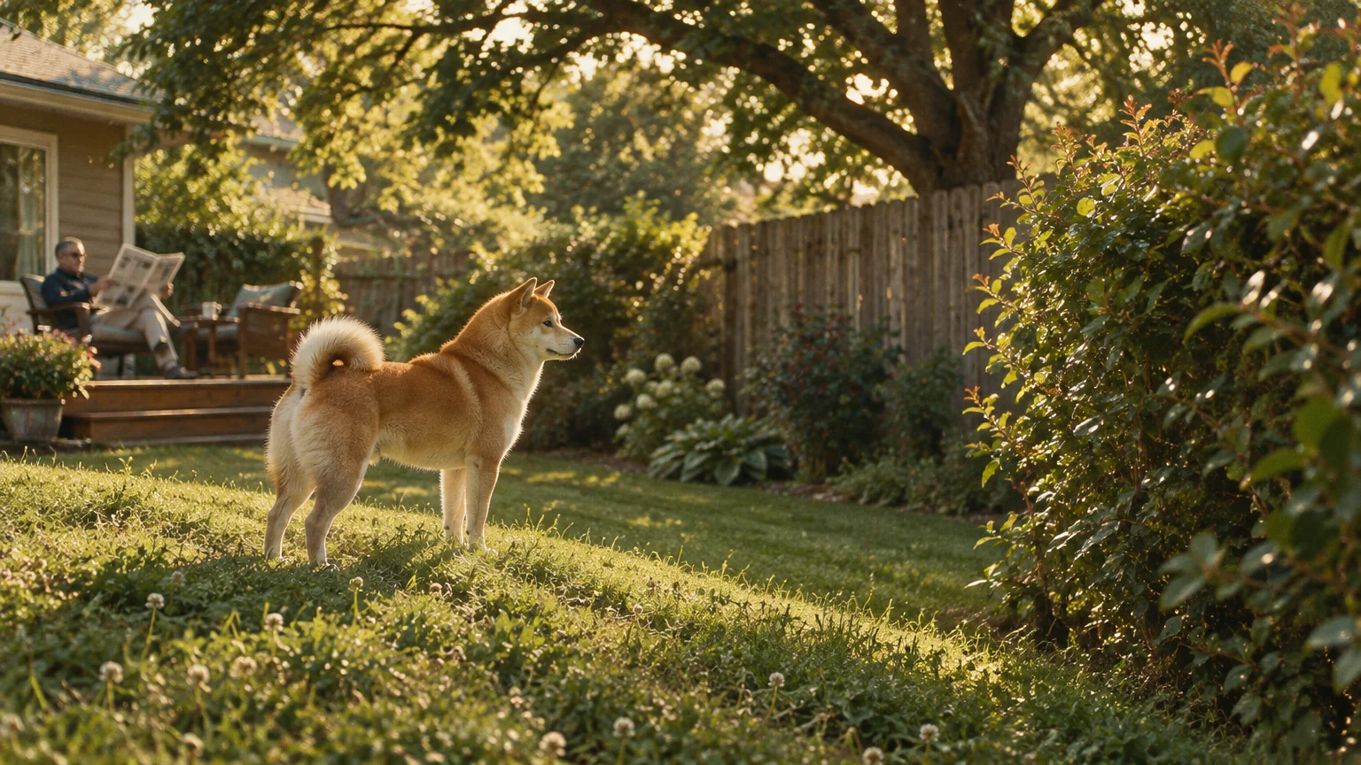 A Shiba Inu standing alert on a grassy lawn while a man sits reading a newspaper on a patio in the background.