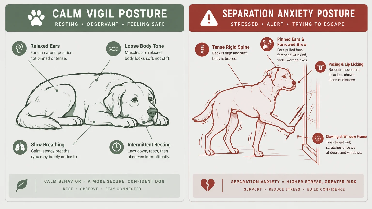 Side-by-side comparison diagram showing a calm dog lying down versus an anxious dog standing and pawing at a window.