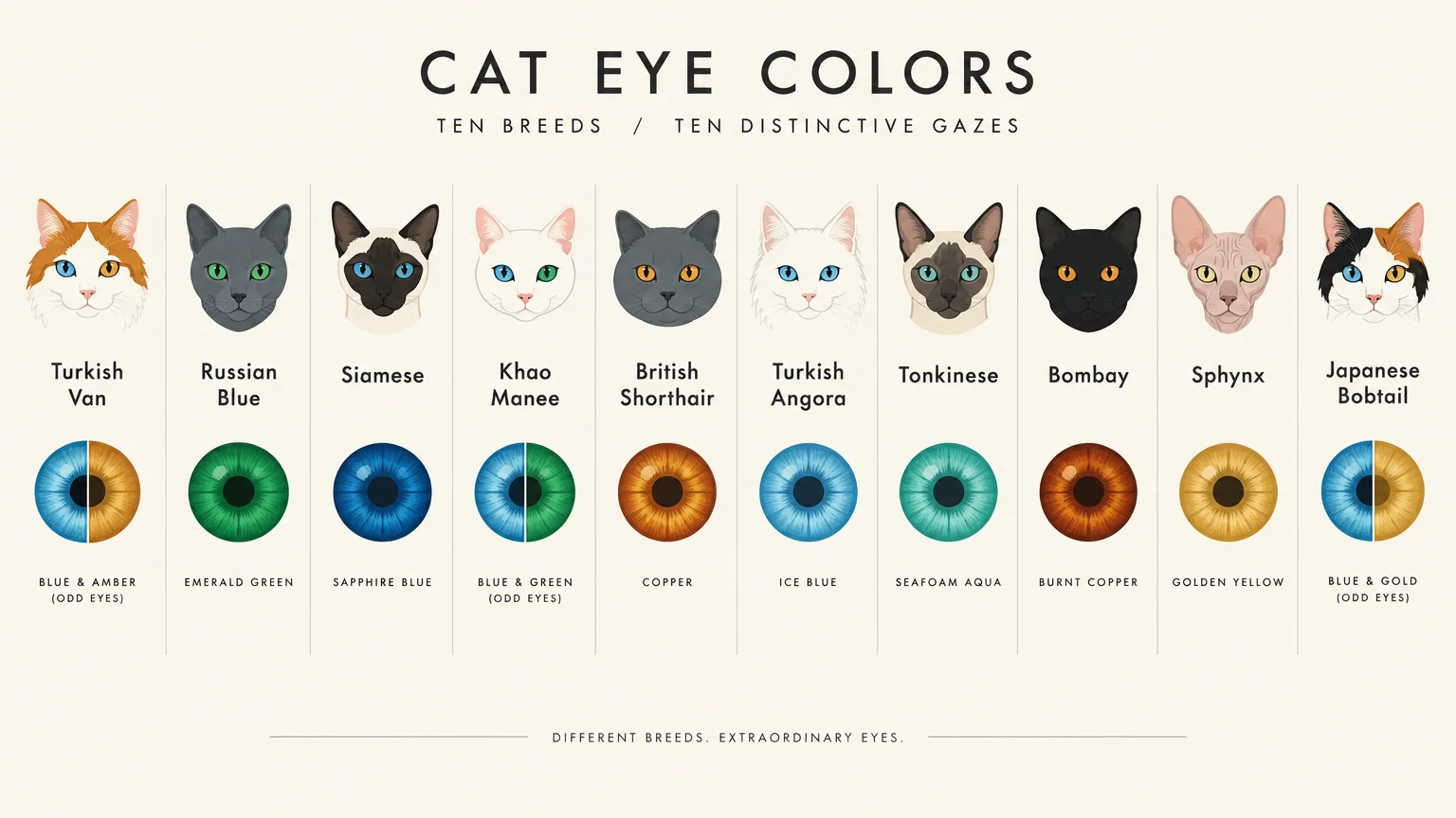 Chart featuring ten illustrated cat breed portraits aligned above circular eye color swatches with matching labels.
