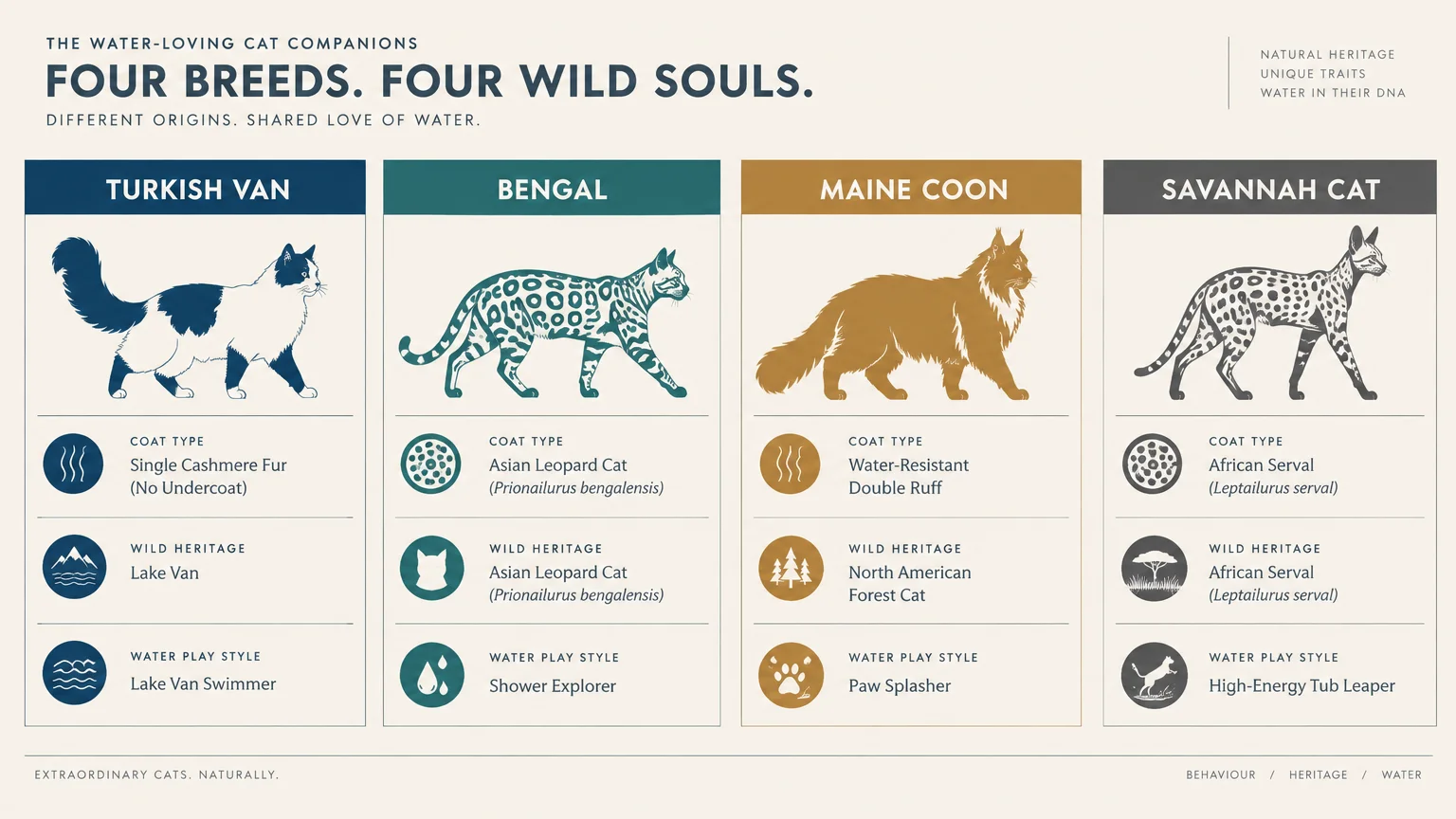 Infographic comparing Turkish Van, Bengal, Maine Coon, and Savannah cat breeds by coat type, wild heritage, and water play style.