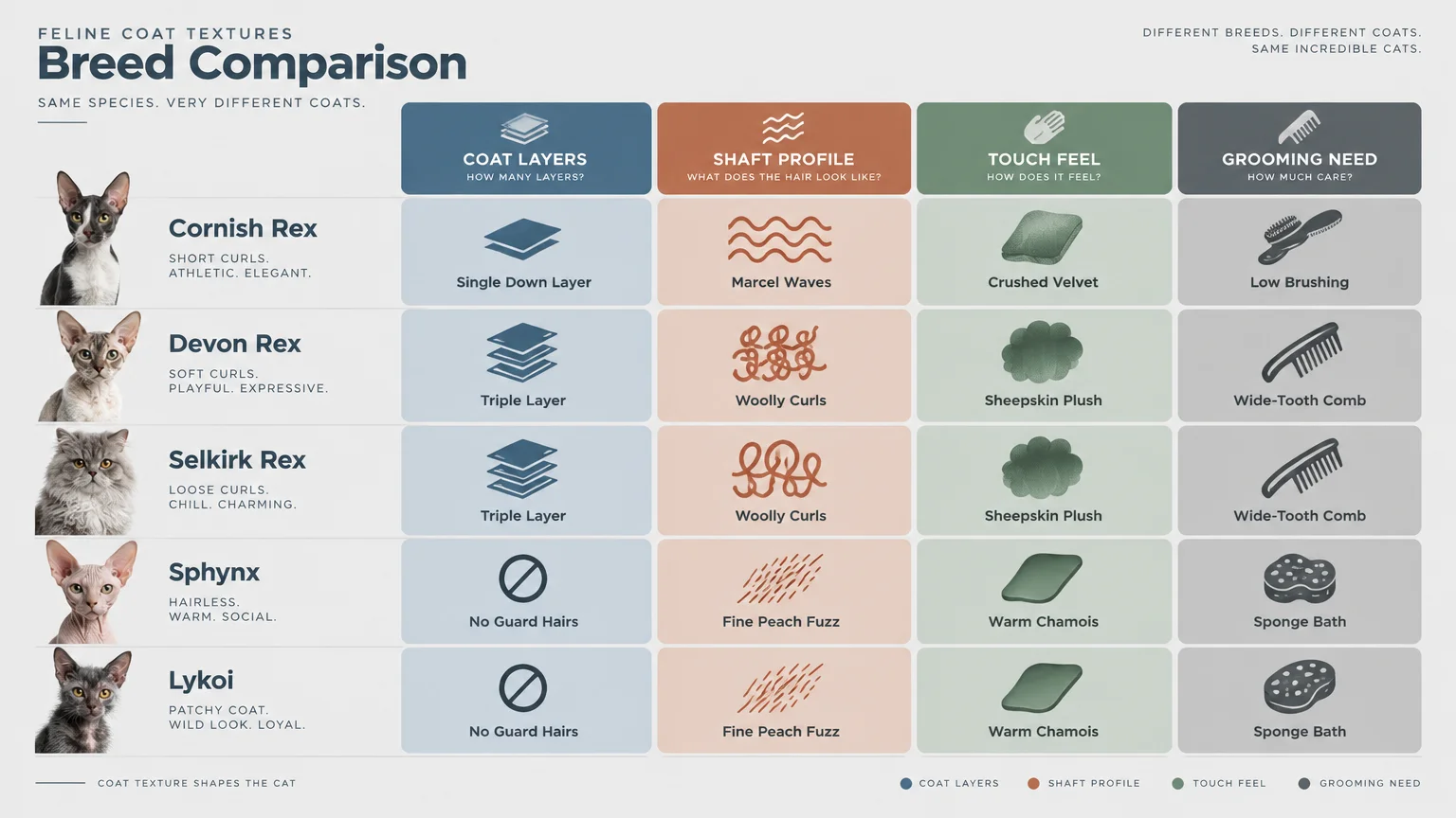 Chart comparing coat layers, shaft profile, touch feel, and grooming needs across five unique cat breeds.