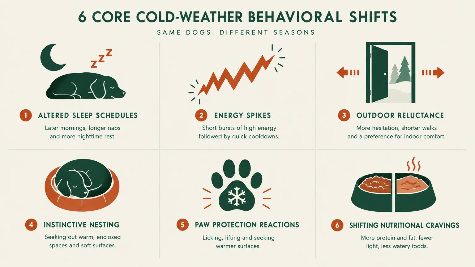 Infographic showing six cold-weather dog behavior shifts with icons for sleep, energy, outdoors, nesting, paws, and food.