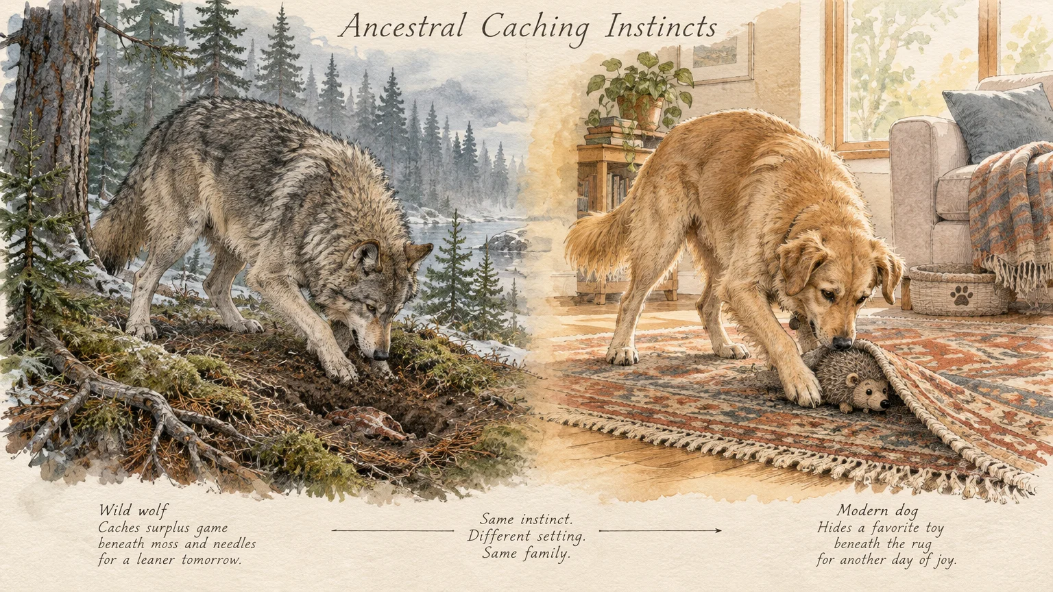 Split illustration showing a wolf burying food outdoors beside a golden dog hiding a toy hedgehog under a rug.