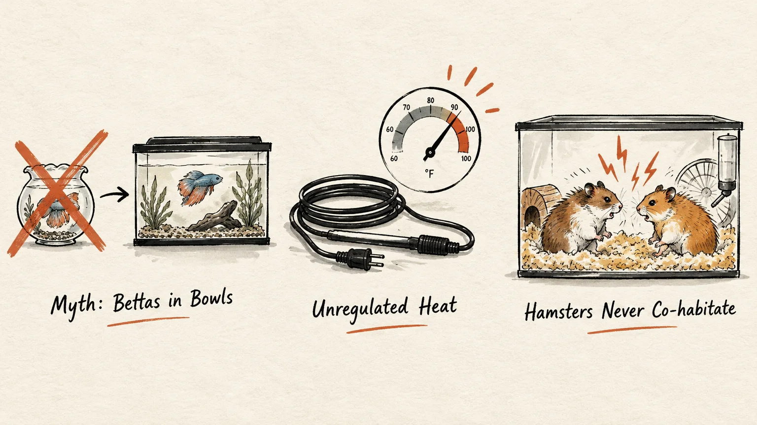 Illustration of pet care mistakes: betta fish tanks, unregulated heat probe with dial, and two fighting hamsters in a cage.