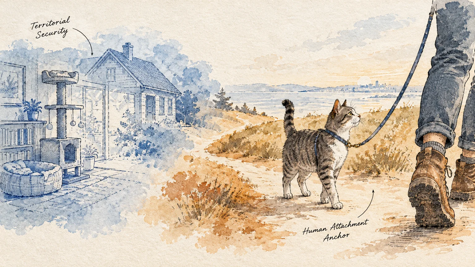 Split illustration contrasting an indoor home sketch on the left with a leashed cat walking outdoors beside a person.
