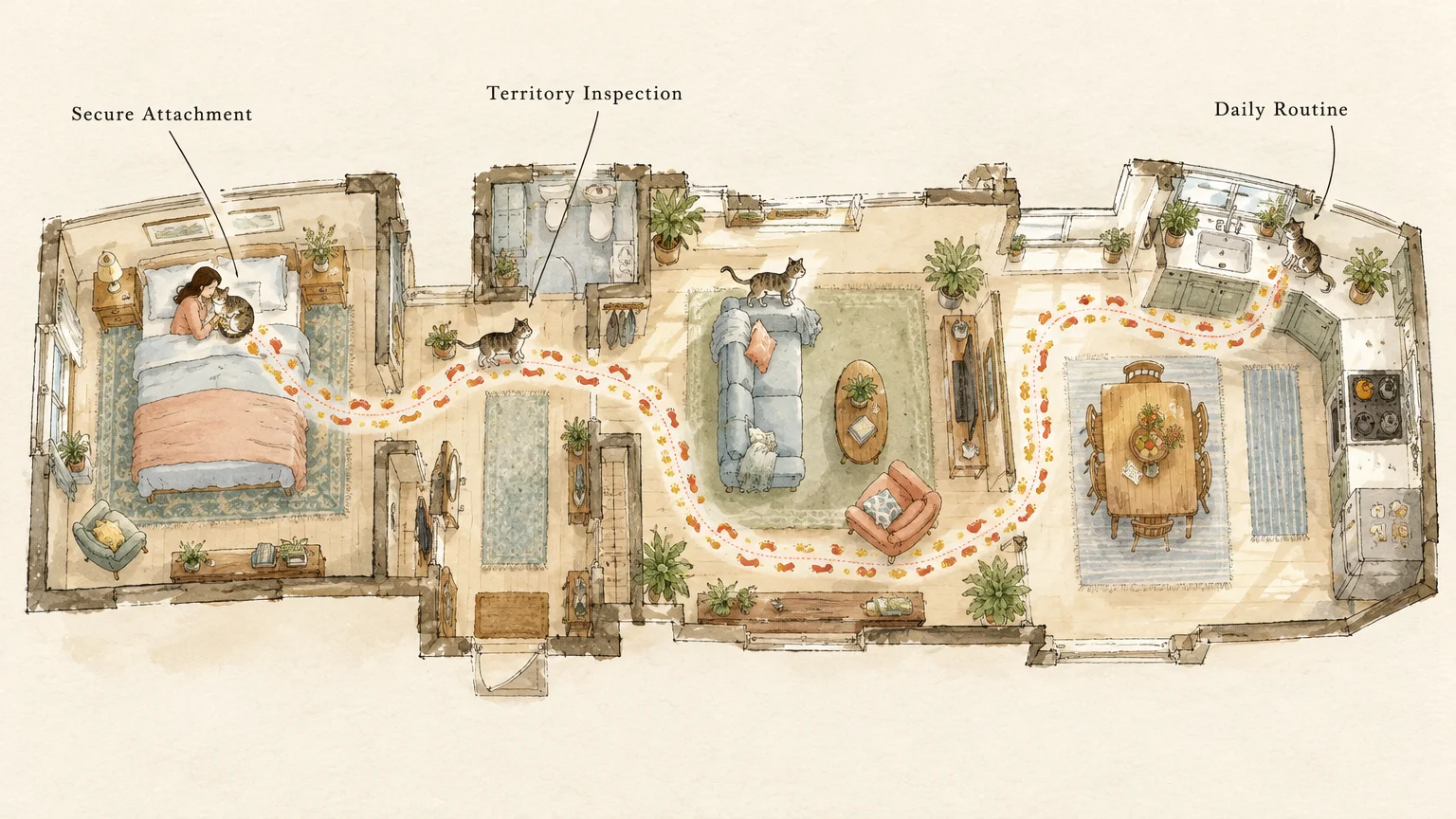 Watercolor floor plan of an apartment with a trail of footprints and paw prints connecting rooms, marked with annotations.