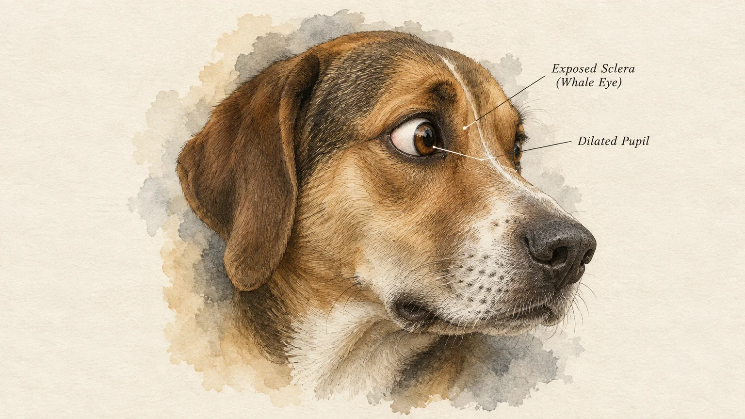 Watercolor illustration of a dog showing whale eye, with labels pointing to the exposed sclera and dilated pupil.