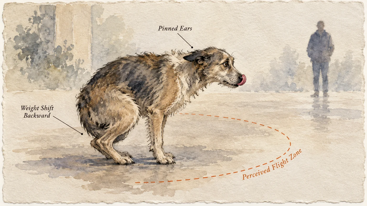 Watercolor illustration of a cowering dog labeled with fear signs facing a distant stranger across a perceived flight zone.