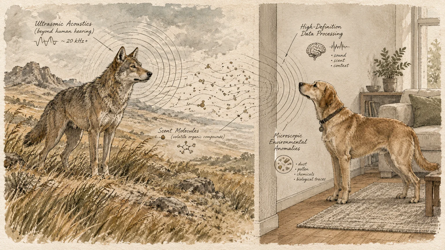 Illustration split between a wild wolf in nature and a pet dog indoors, diagramming sensory inputs and data processing.