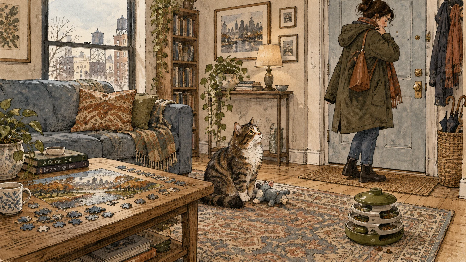 Illustration of a tabby cat sitting on an ornate rug, watching a woman in a coat leave through an apartment door.