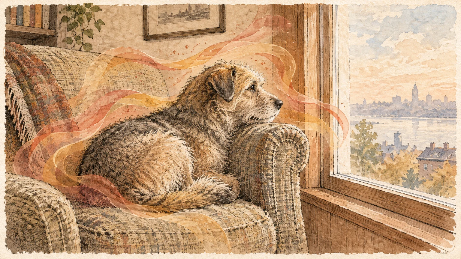 Illustration of a scruffy dog resting in an armchair, looking out an open window at a distant city skyline.